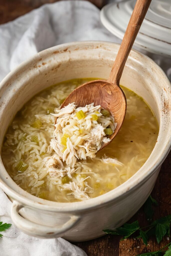 Crock Pot Greek Lemon Chicken Orzo Soup