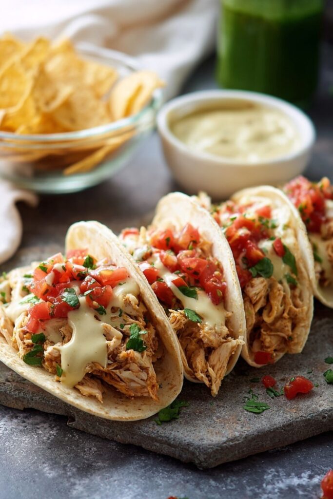 Crock Pot Queso Chicken Tacos